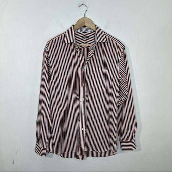 J. McLaughin Orange Navy Stripe Flip Cuff Button Up Shirt Size L - Picture 1 of 13